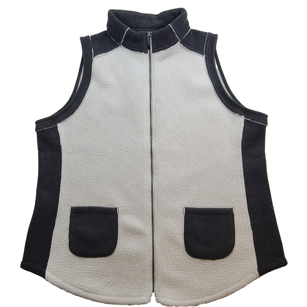 Susan Graver Weekend Vest Womens XL Cream Gray Sherpa Fleece Full Zip Pockets